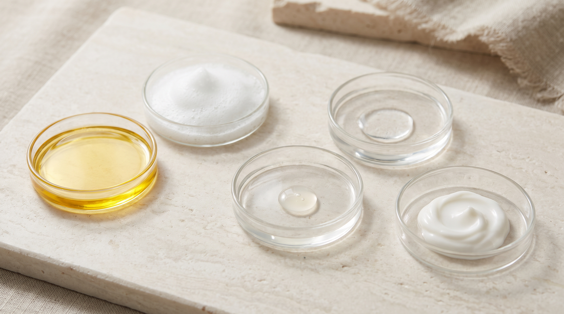Vijf schaaltjes met skincaretexturen in de volgorde van een Koreaanse routine