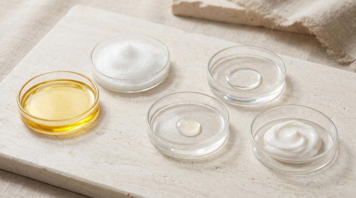 Vijf schaaltjes met skincaretexturen in de volgorde van een Koreaanse routine