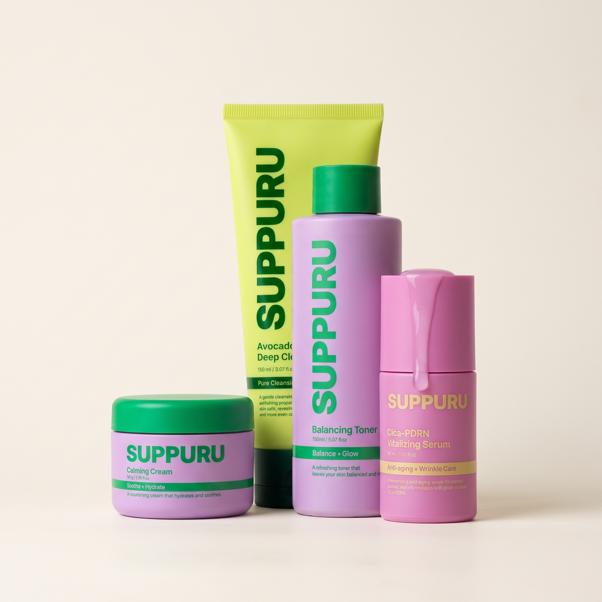SUPPURU Seoul Glow Routine: Avocado Foam, Balancerende Toner, Cica-PDRN Serum en Kalmerende Crème