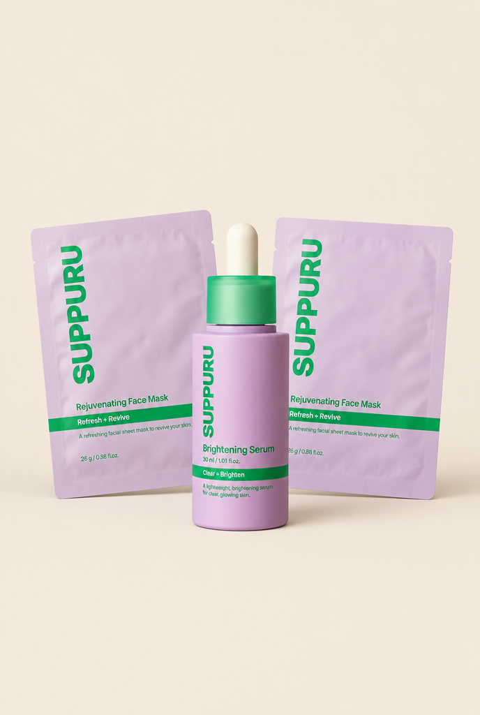 Kennismaken met SUPPURU: Verhelderend Serum en twee Verjongende Gezichtsmaskers samen