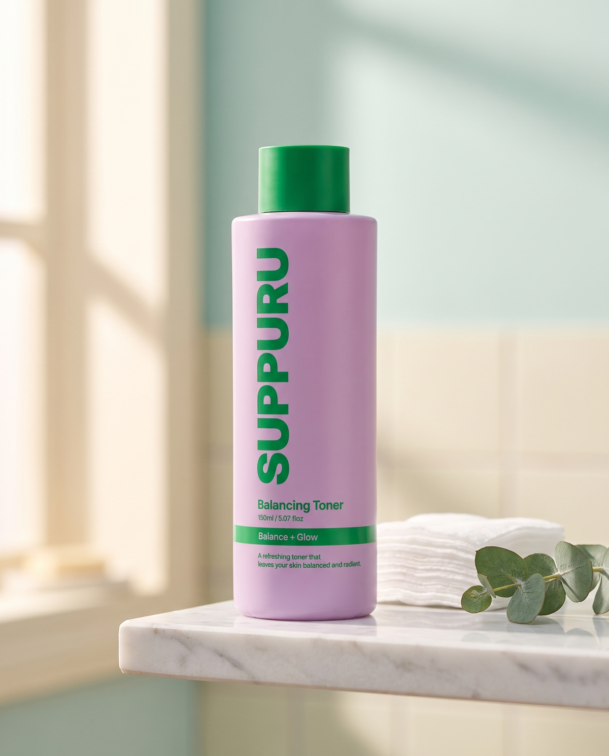 SUPPURU Balancerende Toner op een marmeren badkamerplank met wattenschijfjes